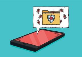 Graphic of a phone with a cloud and a virus-infected folder. From the folder come out viruses infecting the system. Vector hand drawn illustration.