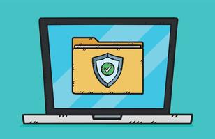 Graphic of the antivirus shield along with a green checkmark on laptop screen. Hand drawn vector illustration.