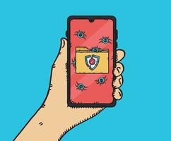 A hand holding a phone on the screen of which displays a virus-infected folder. Computer bugs escape from the folder and infect the device's system. Hand drawn vector illustration.