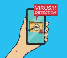 A computer bug detected on the mobile phone screen along with a sign informing of the danger and a caption. The virus was located in a data folder. Vector hand drawn illustration.