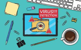 A computer bug detected on the tablet's screen along with a sign informing of the danger and a caption. The virus was located in a data folder. Vector hand drawn illustration.