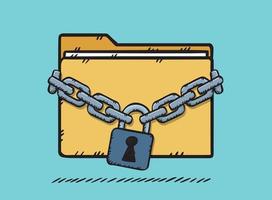 Folder secured with a chain and padlock. Obstructed access secures personal information. Hand-drawn vector graphics.