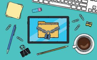 The folder, secured with a chain and padlock, is located on the ercan of the tablet. The tablet is lying on a desk in the office. Hand-drawn vector illustration.