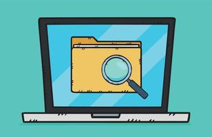 A file with a folder and a magnifying glass searching for files is displayed on a laptop screen. Hand-drawn vector illustration.