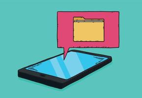 Lying phone on which appears a cartoon cloud with a folder of documents. Hand-drawn vector graphics