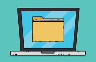 A folder graphic is displayed on the laptop screen. Hand-drawn vector graphics