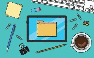 A graphic of a file folder is displayed on a tablet lying on a desk. Hand-drawn vector graphics