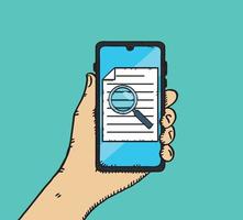 Illustration showing a hand holding a phone with a message and a magnifying glass checking the document. Hand drawn vector image.