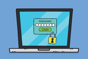 Hand-drawn illustration showing a laptop with locked access. Access is protected by the password needed to open it. vector