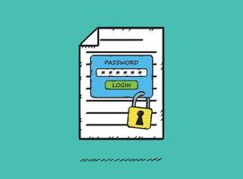 A hand-drawn illustration of a document with locked access. The document is protected by the password needed to open it. vector