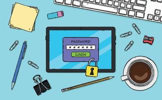 A hand-drawn illustration showing a tablet with locked access lying on an office desk. Access is protected by the password needed to open it. vector