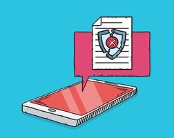 A graphic showing a phone with a cloud and a cracked antivirus shield with a red x-mark. The antivirus protection has been destroyed. Color vector illustration in cartoon style with black outline.