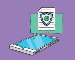 A graphic showing a phone with a cloud and antivirus shield with green checkmark. The antivirus protection is working correctly. Color vector illustration in cartoon style with black outline.