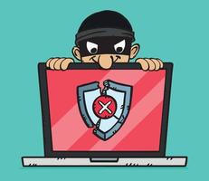 A graphic showing a laptop along with a cracked antivirus shield and a hacker planning to steal data. Color vector illustration.