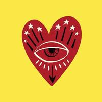 Freaky Magical red heart with an all-seeing eye. Valentine's Day Card in modern doodle style. vector