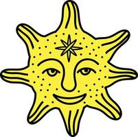 Funny sun with a lovely face. Freaky quirky sun in modern doodle style vector