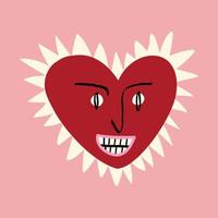 Funky heart with a ugly face. Freaky quirky heart. Valentines Day Card in modern doodle style vector