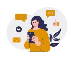 concepto de comunicación moderna. mujer con smartphone en la mano se comunica en las redes sociales. aplicación de mensajería y citas. Internet y tecnologías modernas. ilustración plana vectorial vector