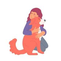 Young woman is sitting on her knees and hugging her dog. Cute girl hugs her pet. Vector flat illustration on a white background