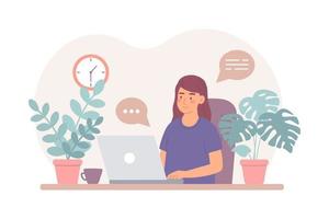 mujer joven con laptop en casa, estudia, se comunica y ordena productos en línea, trabaja de forma remota en la computadora. ilustración vectorial en estilo plano vector