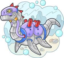 cartoon robot dinosaur plesiosaur, funny illustration vector