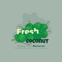 One bunch of young coconuts in cartoon design with typography of fresh coconut for healthy food vector