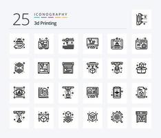 3d Printing 25 Line icon pack including globe. web. printer. 3d. print vector