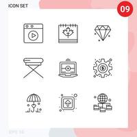 Mobile Interface Outline Set of 9 Pictograms of dollar computing diamond laptop interior Editable Vector Design Elements