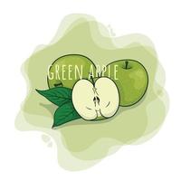 manzana verde en diseño de dibujos animados con hoja de manzana para diseño de plantilla de publicidad de jugo vector