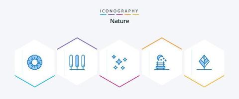 paquete de 25 íconos azules de la naturaleza que incluye . naturaleza. estrellas de la noche hoja. asiento de noche vector