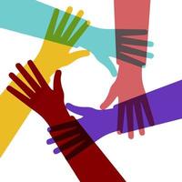 Hands of diverse group of people putting together. Cooperation, togetherness, partnership, agreement, teamwork, vector
