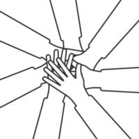 Hands of diverse group of people putting together. Cooperation, togetherness, partnership, agreement, teamwork, vector