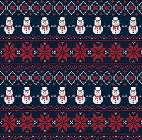Knitted Christmas and New Year pattern in snowmen. Wool Knitting Sweater Design. Wallpaper wrapping paper textile print. Eps 10 vector