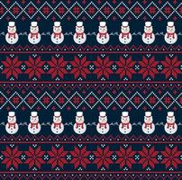 Knitted Christmas and New Year pattern in snowmen. Wool Knitting Sweater Design. Wallpaper wrapping paper textile print. Eps 10 vector