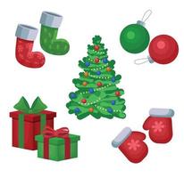 saludos navideños con objetos decorativos aislados de invierno - adornos, juguetes, cajas de regalo, guirnaldas, árboles de navidad sobre fondo blanco vector