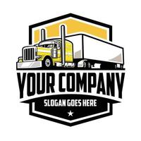 logotipo de la empresa de camiones emblema insignia vector aislado. semi camión amarillo logotipo de camión de 18 ruedas. lo mejor para la industria relacionada con el transporte por carretera y el transporte de mercancías