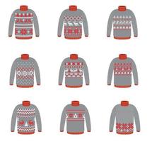 Vector ugly sweaters for Christmas party. Knitted jumpers with winter patterns esp