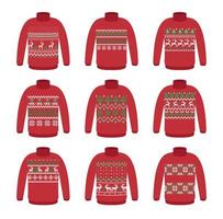 Vector ugly sweaters for Christmas party. Knitted jumpers with winter patterns esp