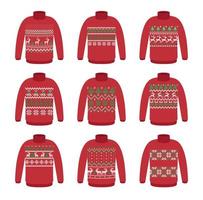 Vector ugly sweaters for Christmas party. Knitted jumpers with winter patterns esp