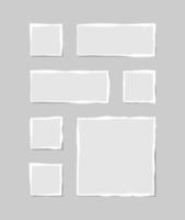 Set of torn white note. Scraps of torn paper of various shapes isolated on gray background. Vector illustration.