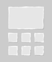 Set of torn white note. Scraps of torn paper of various shapes isolated on gray background. Vector illustration.