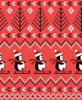 Knitted Christmas and New Year pattern the penguins. Wool Knitting Sweater Design. Wallpaper wrapping paper textile print. Eps 10 vector