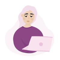 Young woman holding laptop and working from home with smile. Happy programmer or designer. vector