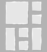 Set of torn white note. Scraps of torn paper of various shapes isolated on gray background. Vector illustration.