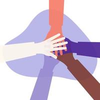 Hands of diverse group of people putting together. Cooperation, togetherness, partnership, agreement, teamwork, vector