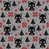 Knitted Christmas and New Year pattern in cats. Wool Knitting Sweater Design. Wallpaper wrapping paper textile print. Eps 10 vector
