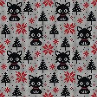 Knitted Christmas and New Year pattern in cats. Wool Knitting Sweater Design. Wallpaper wrapping paper textile print. Eps 10 vector