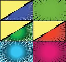 Comic book colorful frames background with halftone rays radial and dotted effects pop art style vector