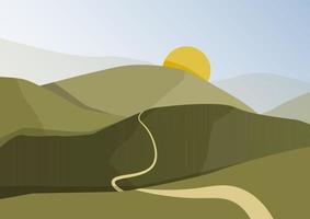 Green mountain with road and sun vector