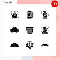 9 Thematic Vector Solid Glyphs and Editable Symbols of cart retail pills basket travel Editable Vector Design Elements